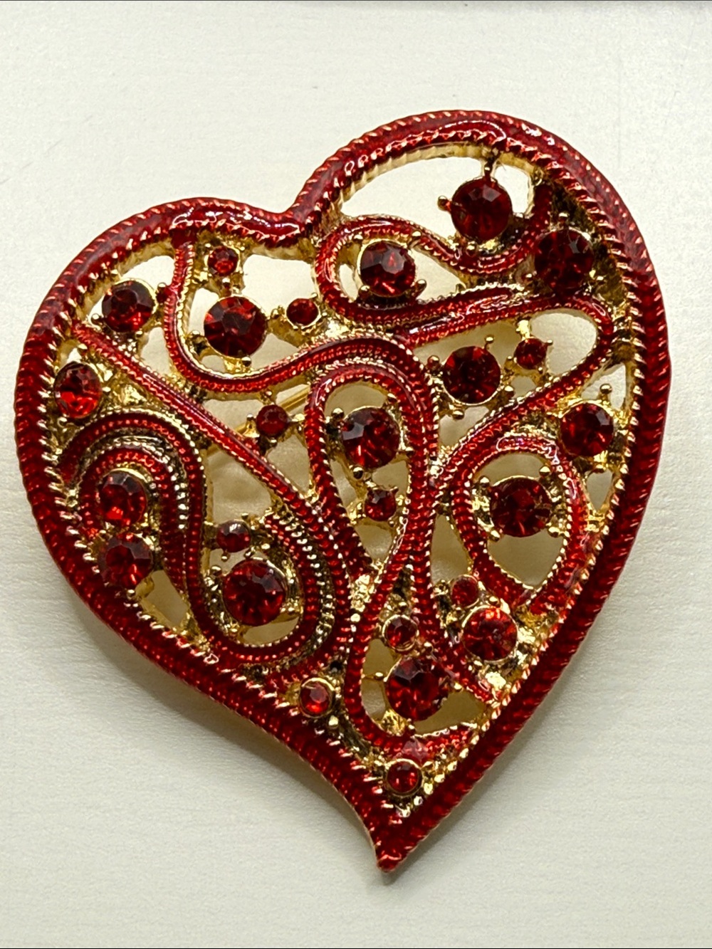 Vintage open work Red and Gold Heart Brooch with Red Rhinestones pin